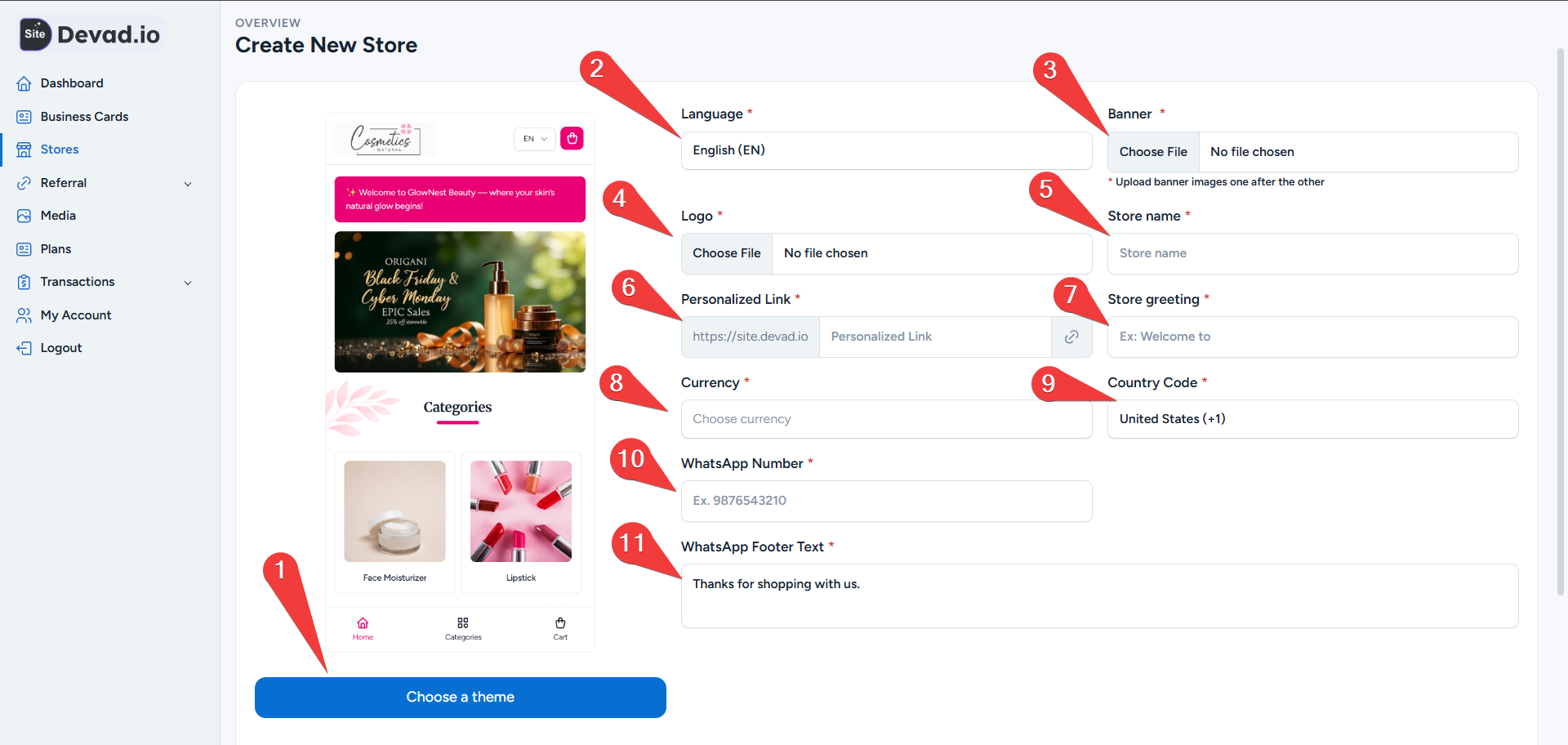 Site.devad .io Step 1 Choose Theme And Main Store Details