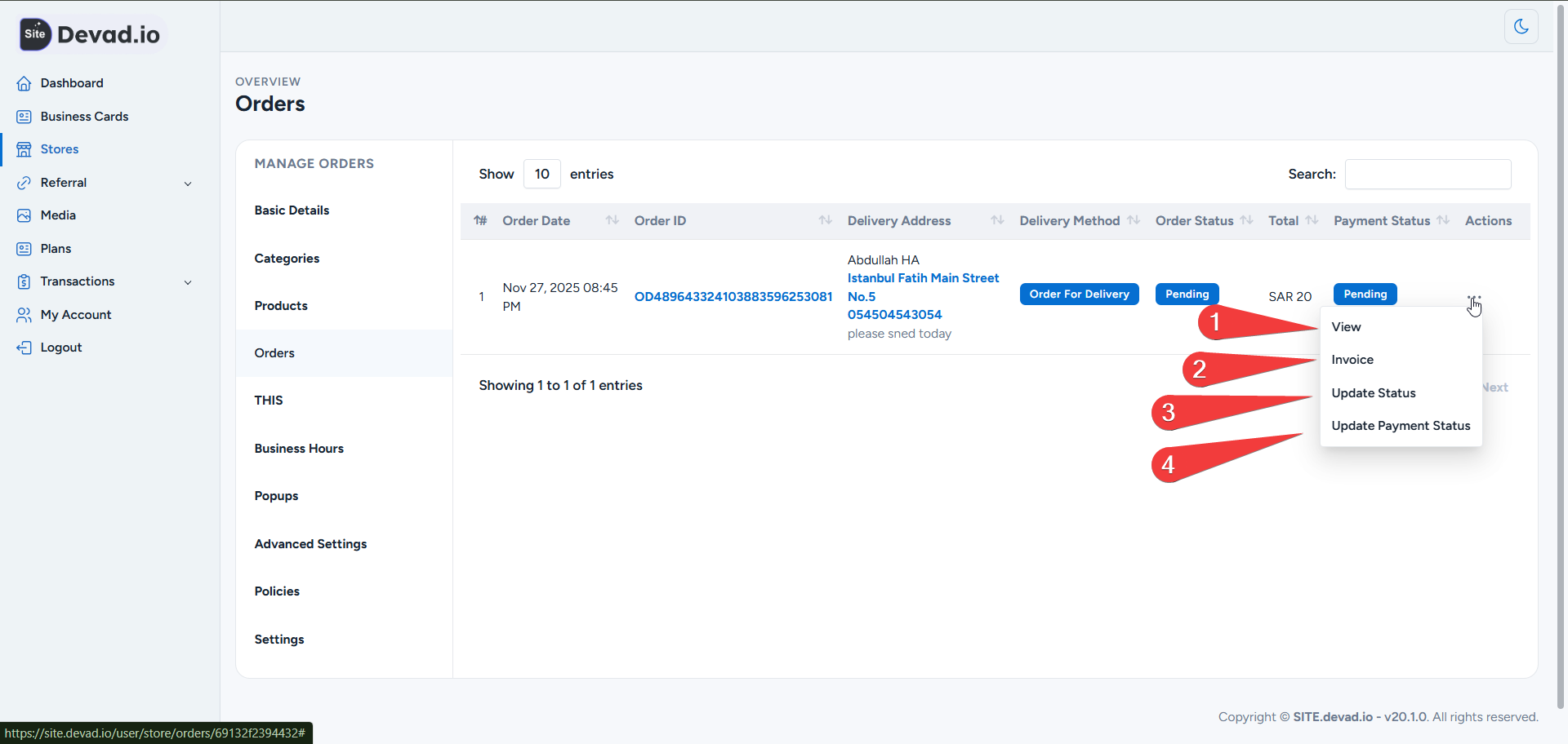 Site.devad .io Step 4 Manage Orderss
