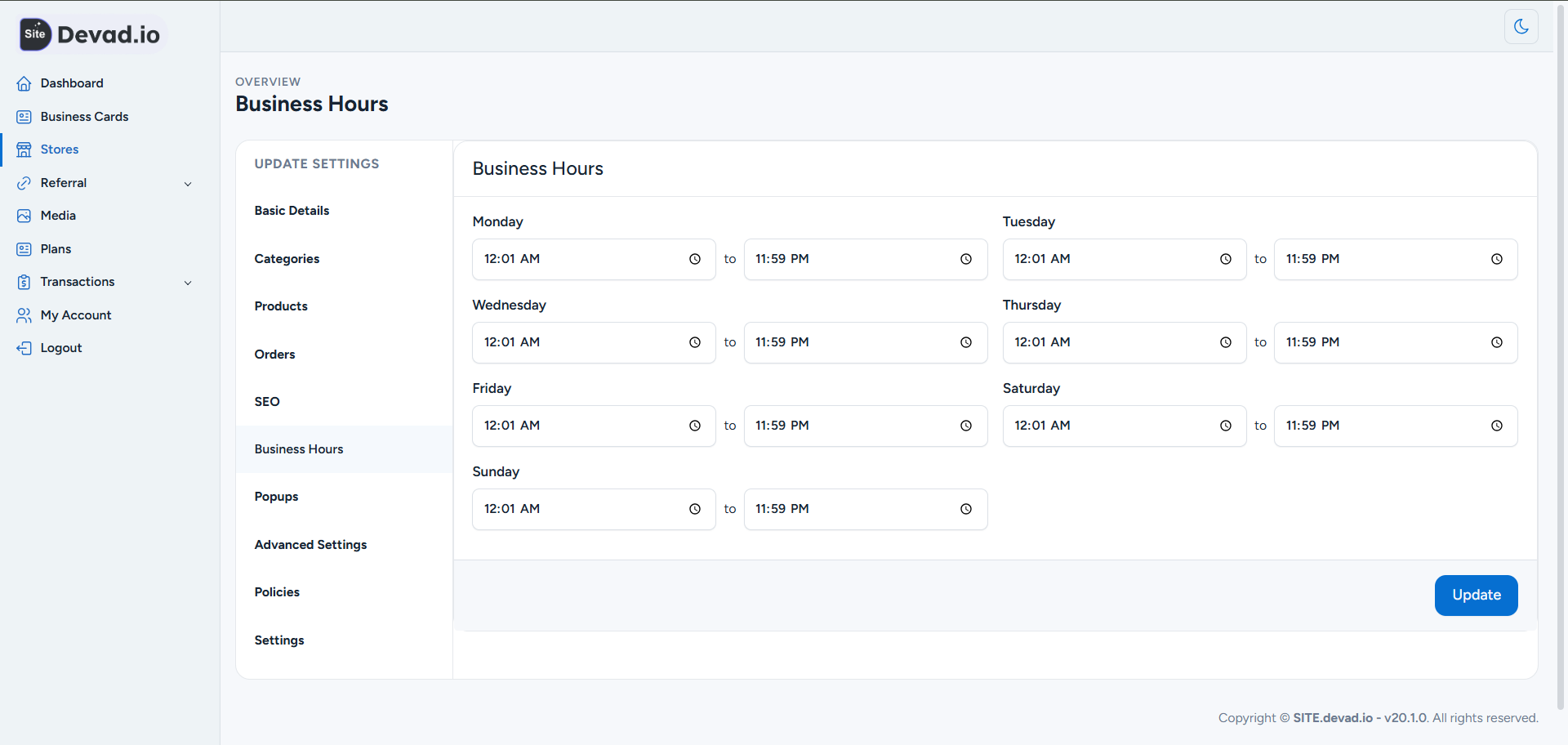 Site.devad .io Step 5 Add Your Store Business Hours Working Hours