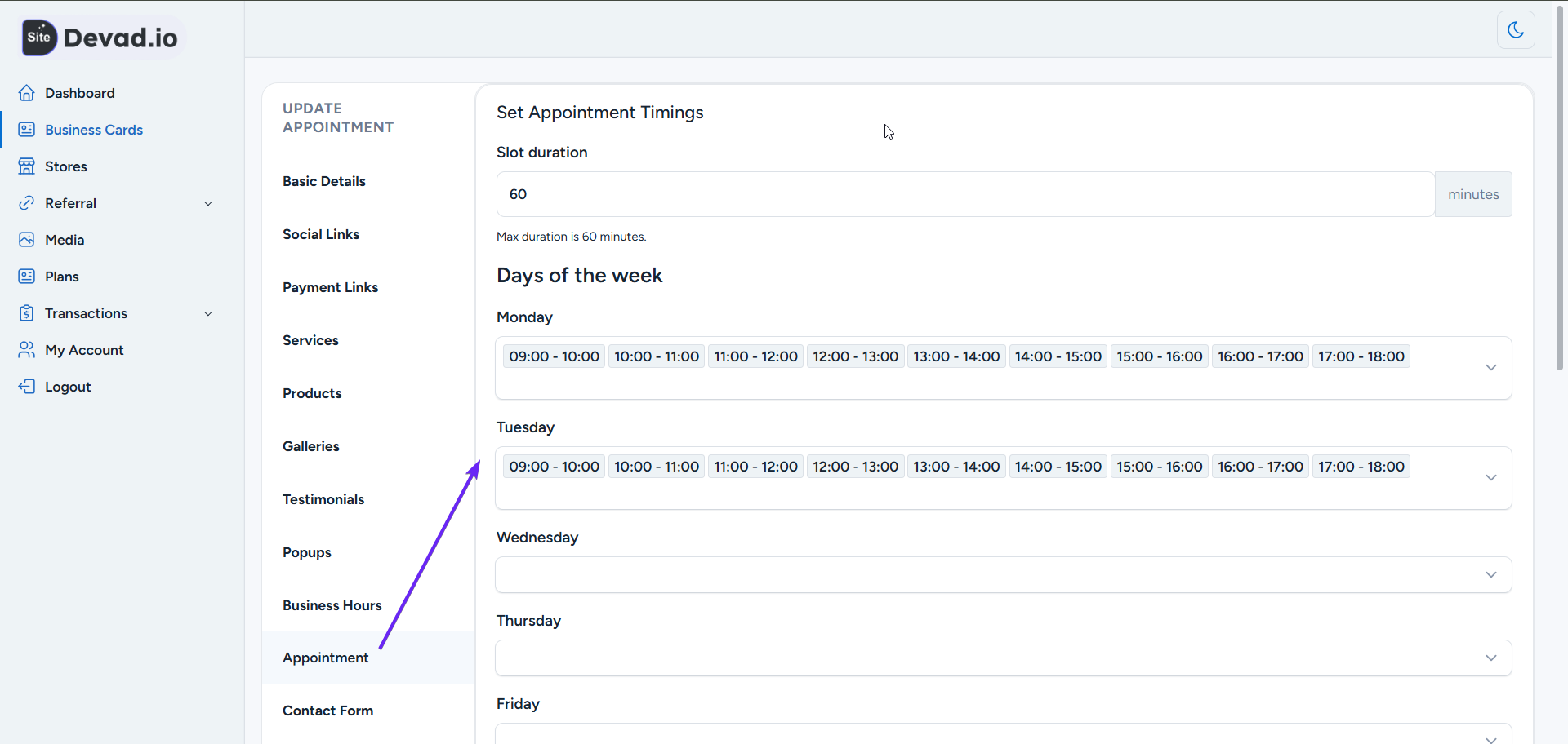 Site.devad .io Step 9 Set Appointment Timings