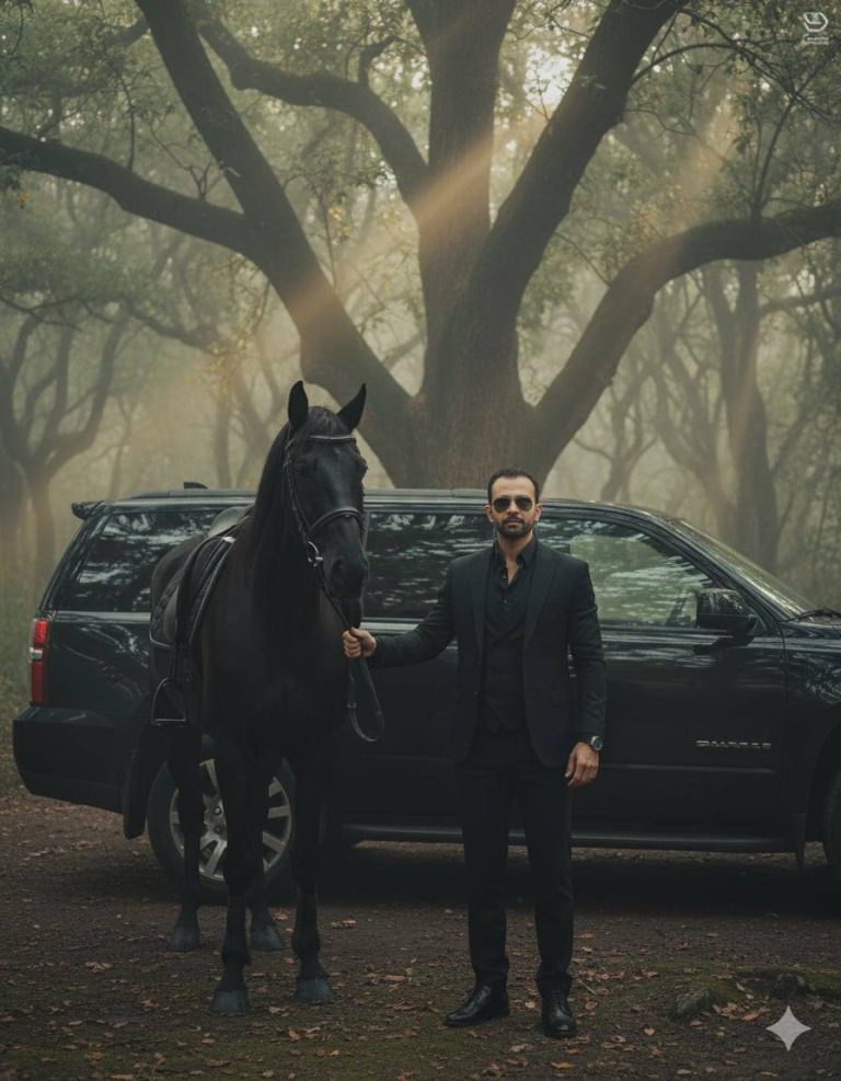 Man In Black Suit With Black Horse And Suv In Foggy Forest